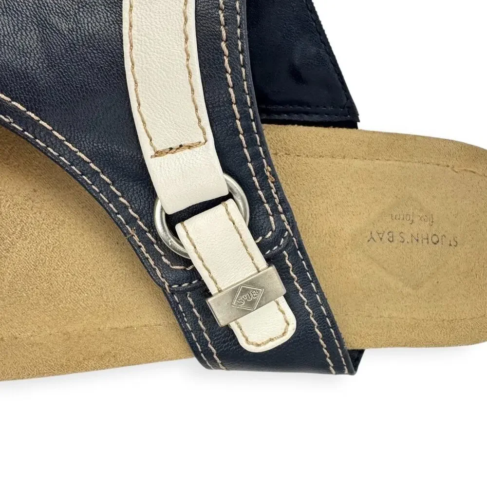 St. John Bay Zandora Blue‎ Nautical Faux Leather Wedge Tong Sandals 12M Comfort